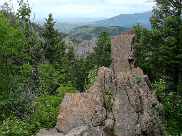 Rocky spires with Gallatin Valley in distance