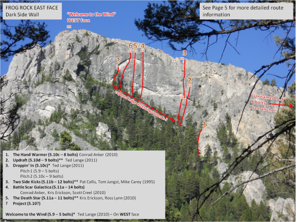 Frog Rock with climbing routes drawn on photo